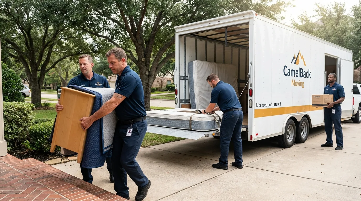 Crew loading residential truck for cross-state move from Olla, LA