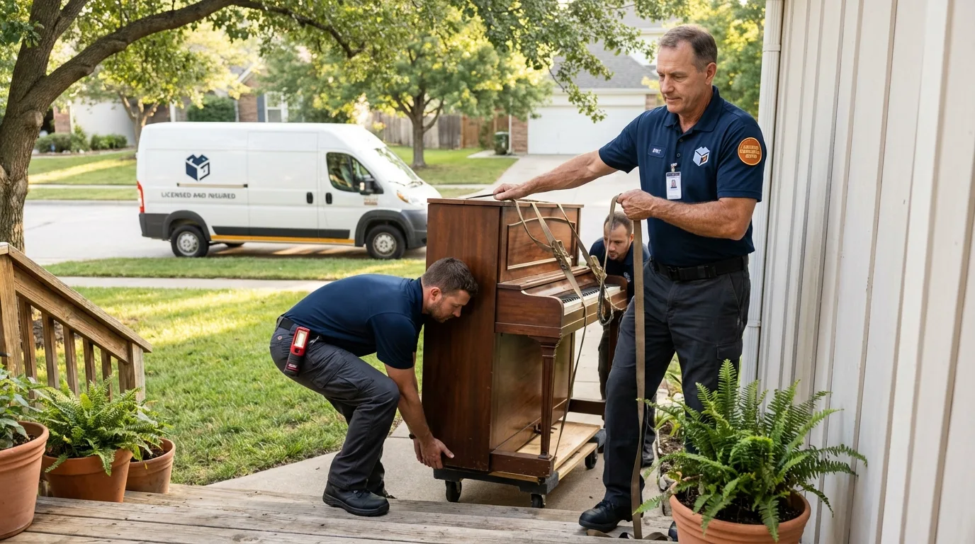 Licensed piano movers securing grand piano in Olla, LA