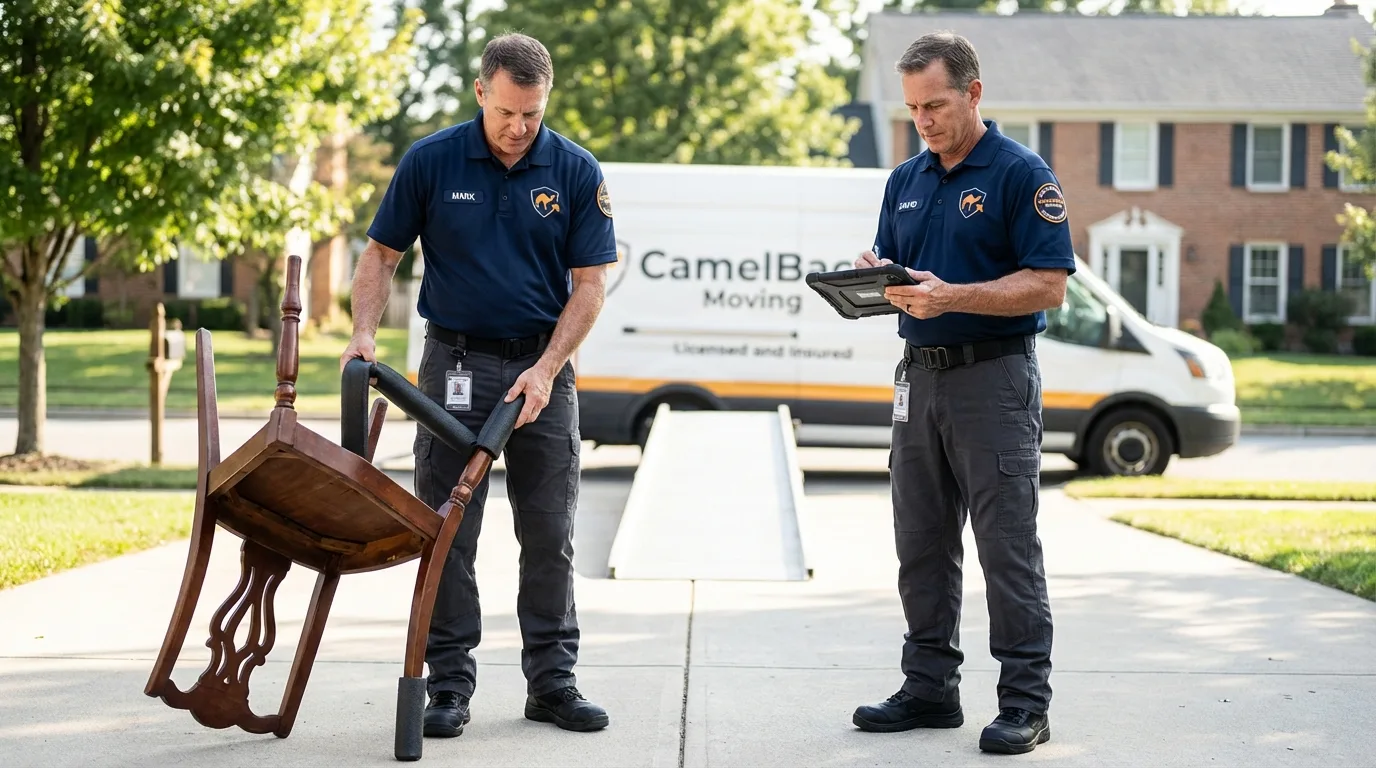 Movers inspecting furniture for damage prevention before loading in Olla, LA